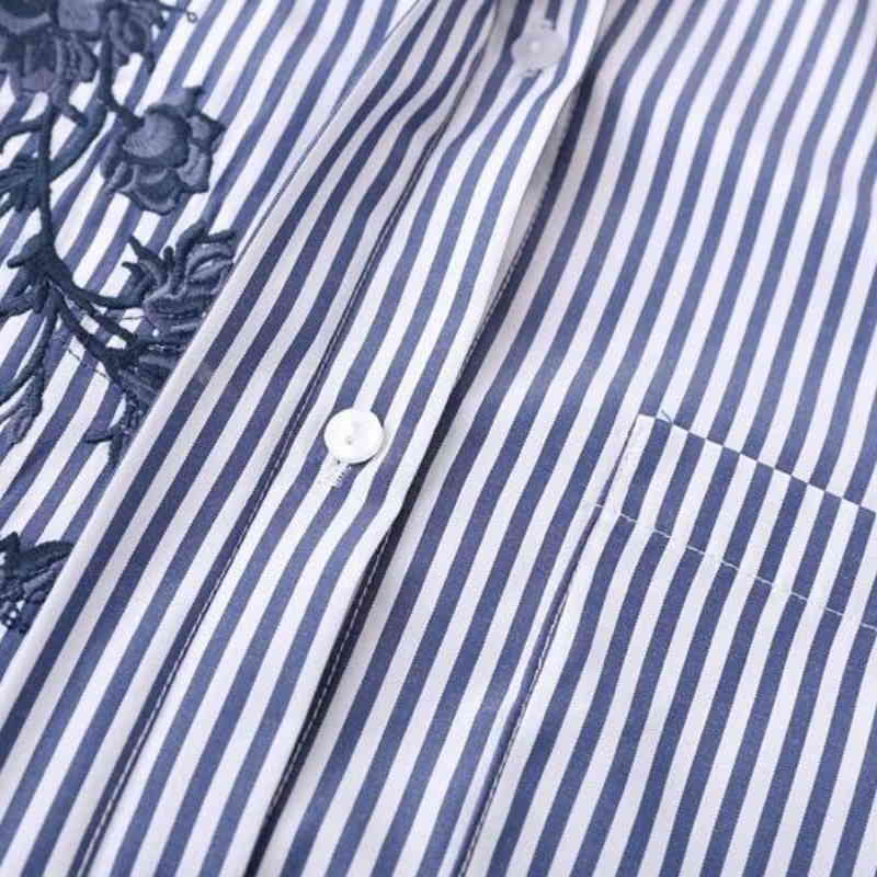 Fashion Women Flower Embroidery Side Slit Stripe Shirts Long Sleeve Blouse Casual Lady Tops Chemise Femme Blusas S1106 210430