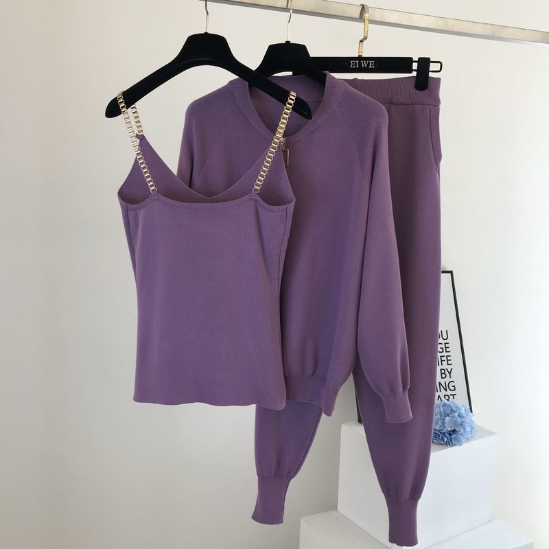 Women Zipper Knitted Cardigans Sweaters + Pants Sets Vest Woman Fashion Jumpers Trousers 2 PCS Costumes Outfit 210506