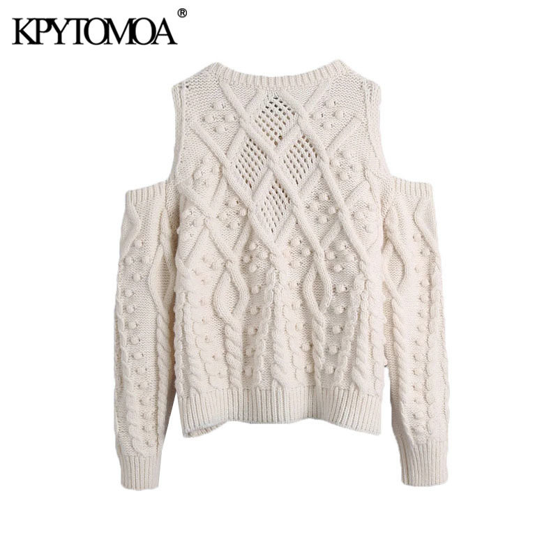 Women Fashion Bobble Appliques Hollow Out Knitted Sweater O Neck Long Sleeve Female Pullovers Chic Tops 210420