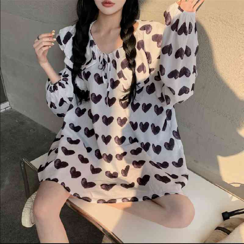 Nomikuma Korean Love Heart Printed Chiffon Blouse Shirt Causal Lantern Sleeve Peter Pan Collar Oversized Women Top Blusas 6F182 210427
