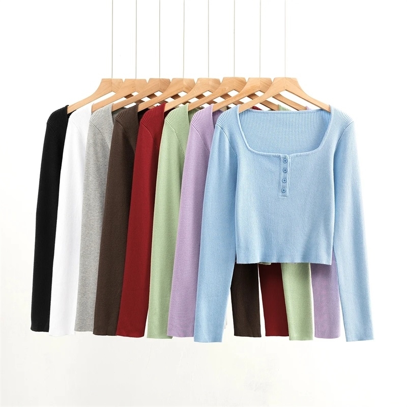 Women Square Neck Buttons Front Knit Jumper Casual Pullovers Sweater 210512