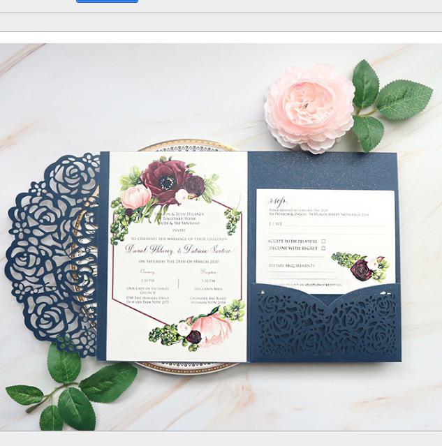 2021 Elegant Burgundy Rose Laser Cut Pocket Wedding Invitations with RSVP Card, 20+Color DIY Invitations For Engagement Bridal Shower