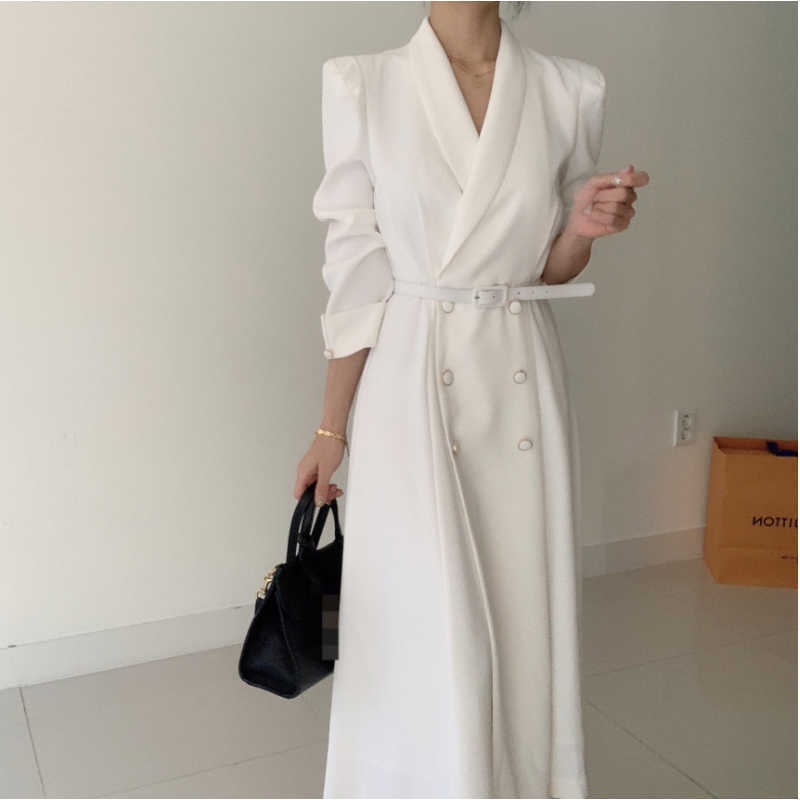 Spring Elegant Windbreaker Women's White Maxi Dress Korean Clothing Femme Robe Slim Suit Collar Double-Breasted Coat With Belt 210915