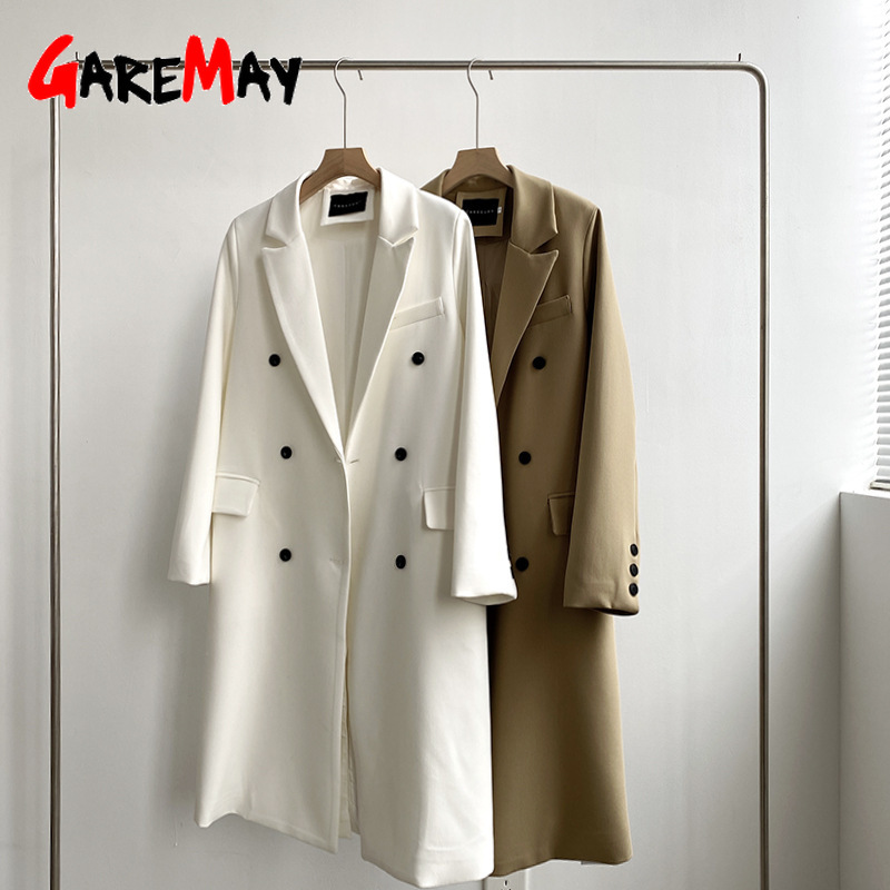 Women's Blazers Fashion Khaki Blazer Casual with Buttons Elegant V Neck Vintage Suit Jacket Long Female Oversize Classic 210428