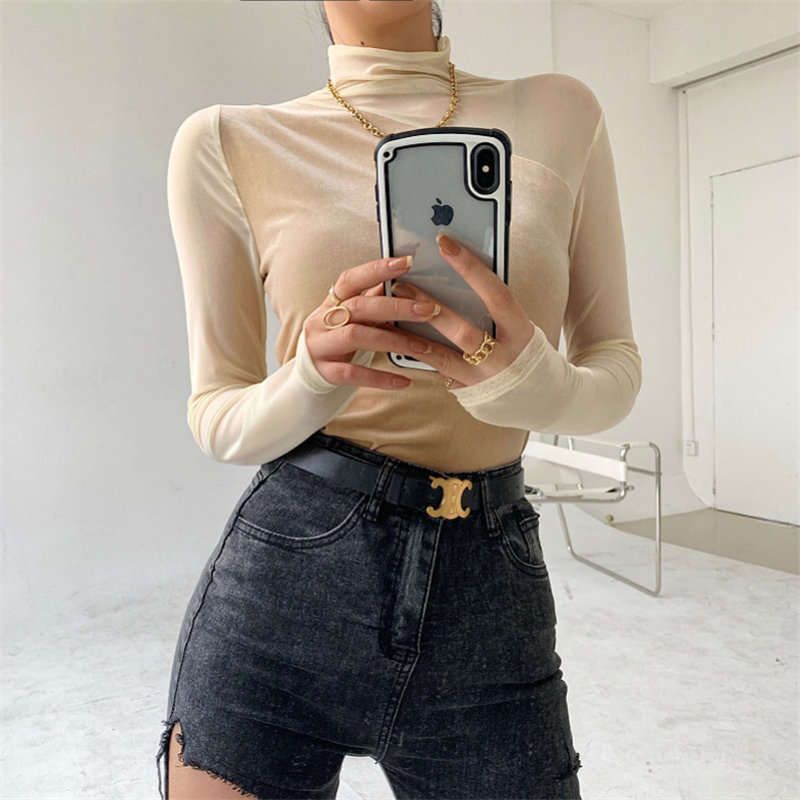 Autumn Velvet Large Size Women Arrival Patchwork Full Sleeves Mesh Sexy Female Basic Brief Tops T-shirt 210421