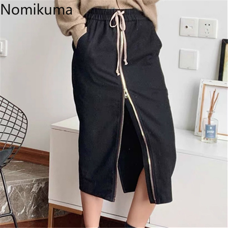 Nomikuma Spring New Women Skirt Korean Zipper Split Sexy Bottom Causal Lace Up Stretch High Waist Skirts Mujer Faldas 6E111 210427