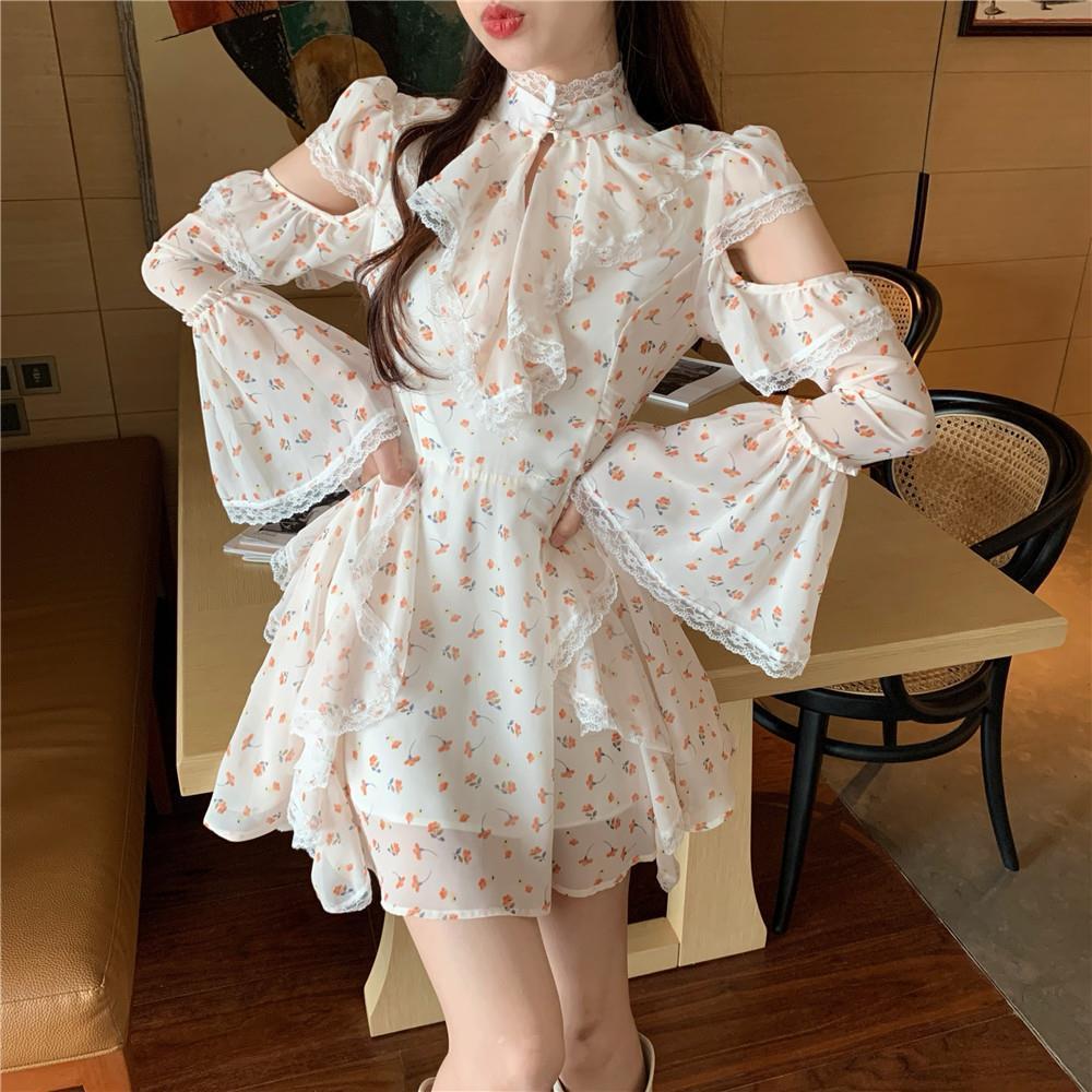 Spring Floral Dress Women Flare Sleeve Lace Chiffon Slim Flower Mini Dress Female Party Elegant Dress Korean Chic 210521