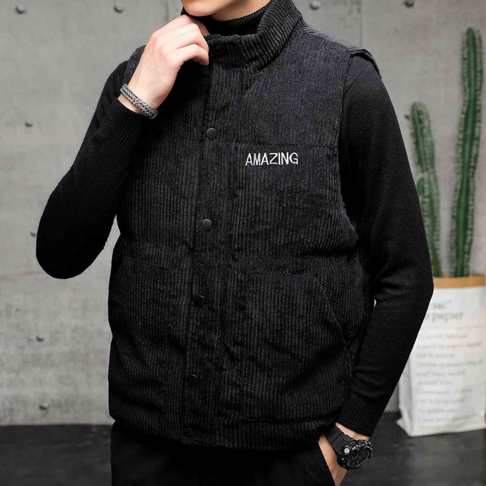Winter Corduroy Vest Men Warm Coat Stand Collar Sleeveless Jacket Thicken Cotton Padded Gilet Men Thermal Waistcoat 211111