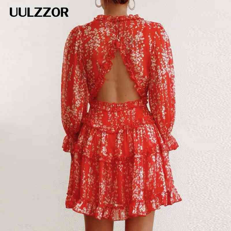 Floral Printed Mini Dress Women Sexy Backless Elegant Ladies Long Sleeve Ruffle Prom Party Summer Beach Short Dress Vestido 210409
