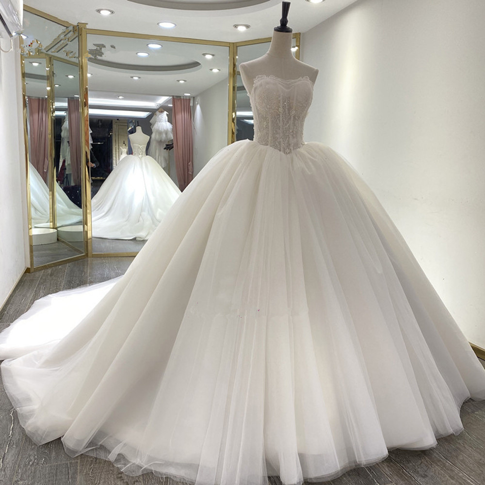 Strapless Ball Gown Puffy Wedding Sweep Train Princess Tulle Sleeveless Custom Made Bridal Dresses Vestido De Novia