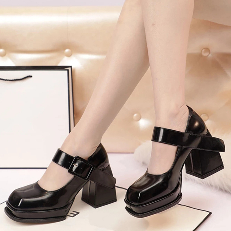 Rimocy Fashion Square Toe Mary Jane Platform Shoes Women Black Ankle Strap High Heels Pumps Woman Patent Leather Chunky Shoes 210408