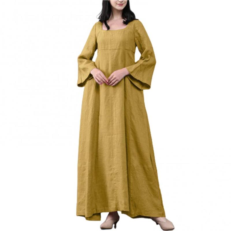 Casual Dresses 2021 Elegant Retro Women Long Sleeve O Neck Solid Color Large Hem Cotton Linen Plus Size Dress