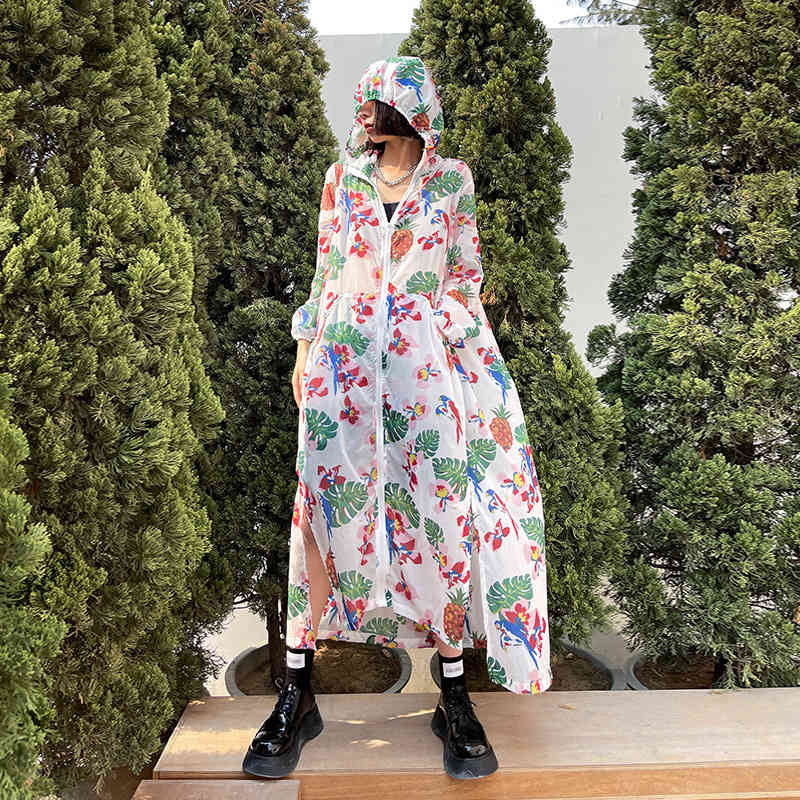 Spring Summer Chic Hit Color Print Woman Coat Hooded Long Sleeve Sun Protection Jackets Fashion All-match Clothing 210519