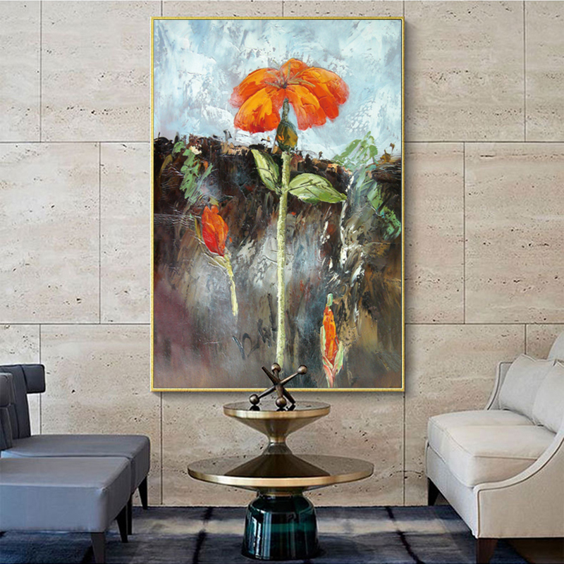 Red Flower Oil Painting Printed on Canvas Prints Landscape Wall Art Pictures for Living Room Home Decor Golden Indoor Decoration