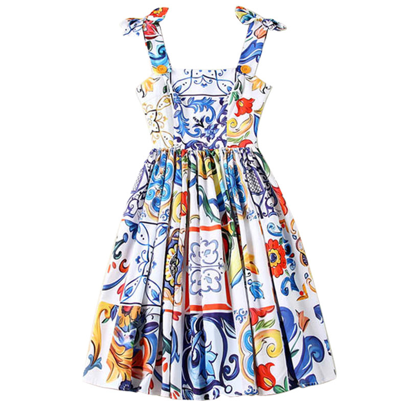 Fashion Runway Summer Dress New Women's Bow Spaghetti Strap Backless Blue and White Porcelain Floral Print Long Dress 210409