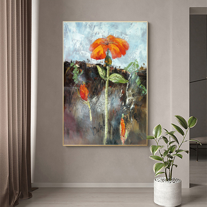Red Flower Oil Painting Printed on Canvas Prints Landscape Wall Art Pictures for Living Room Home Decor Golden Indoor Decoration