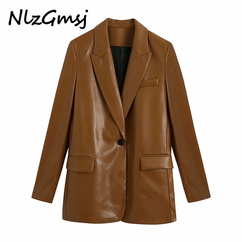 Women Fashion Faux Leather Single Button Blazers Coat Vintage Long Sleeve Pockets Female Outerwear Chic Tops 210628, As picture
Women Fashion Faux Leather Single Button Blazers Coat Vintage Long Sleeve Pockets Female Outerwear Chic Tops 210628, As picture