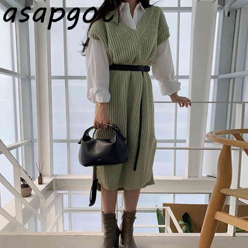 Chic Wild Turn Down Collar Blouse Loose White Shirts Long V Neck Sleeveless Sweater Vest Split Knitted Dress with Belt Casual 210429