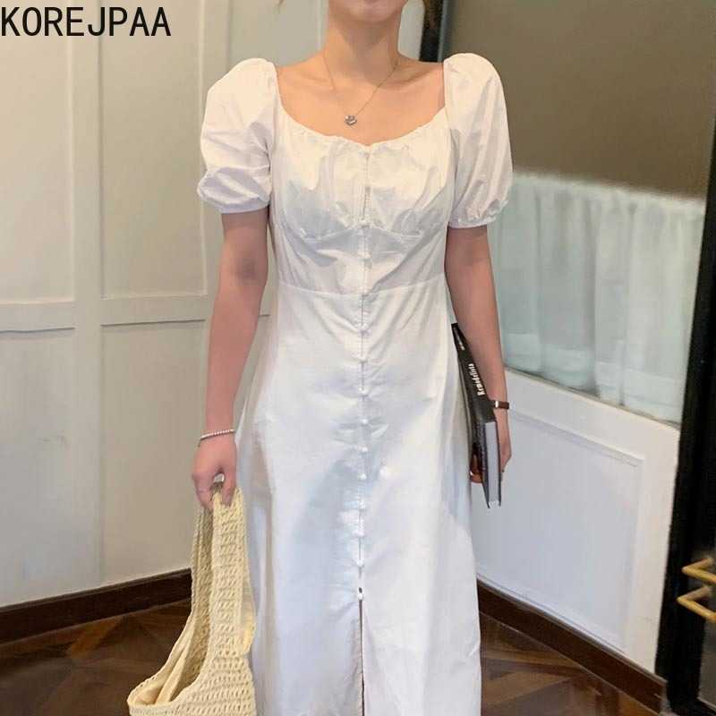 Korejpaa Women Dress Summer Korean Chic Gentle Candy Color Leaky Clavicle Buckle Pleated High Waist Puff Sleeve Vestidos 210526, White
Korejpaa Women Dress Summer Korean Chic Gentle Candy Color Leaky Clavicle Buckle Pleated High Waist Puff Sleeve Vestidos 210526, White