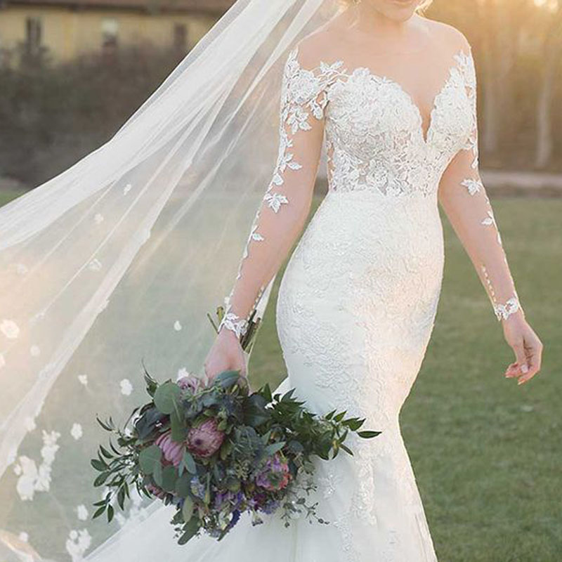 Eye Catching Mermaid Wedding Dress Sheer with Applique Long Sleeves Bridal Gowns Lace-up Back