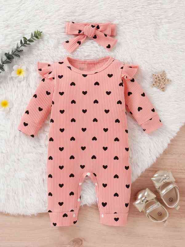 Baby Allover Heart Print Ruffle Trim Jumpsuit & Headband SHE