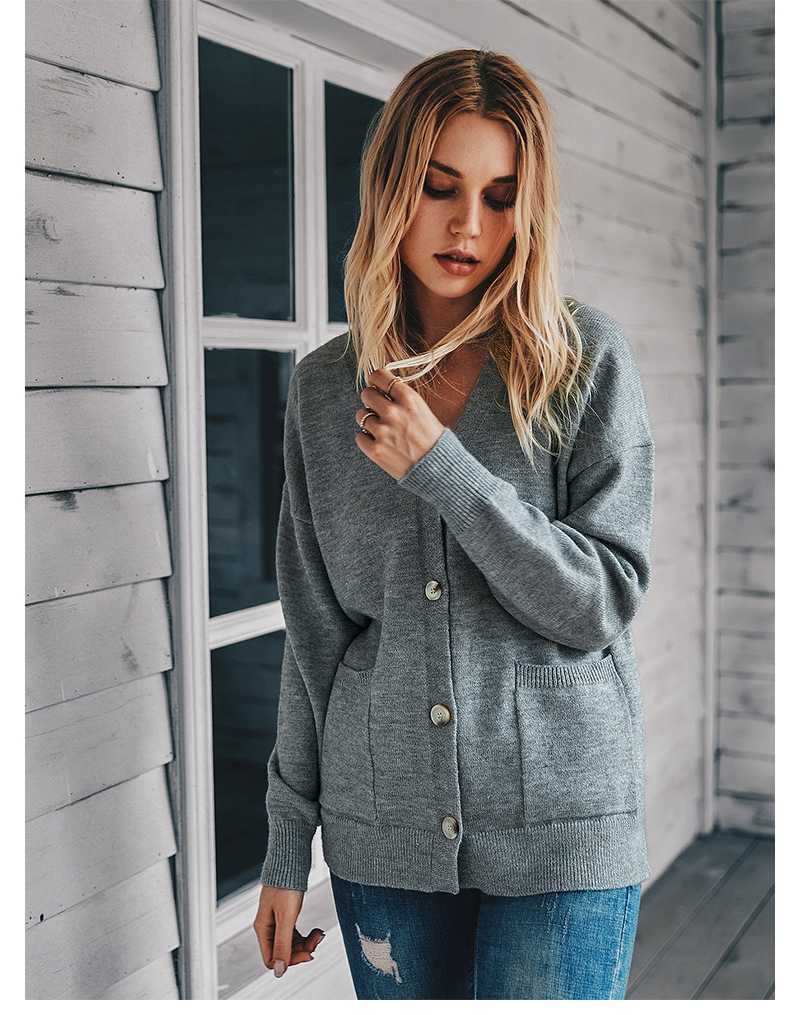 Fashion V-neck Casual Cardigans Autumn Winter Single Breasted Cardigan Women Full Sleeve Pocket Knitted Sweater Tops 210604