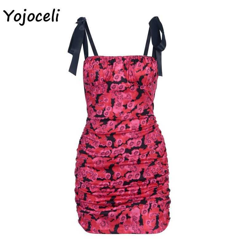 Yojoceli sexy party club floral print dres bow mini female vestidos 210609