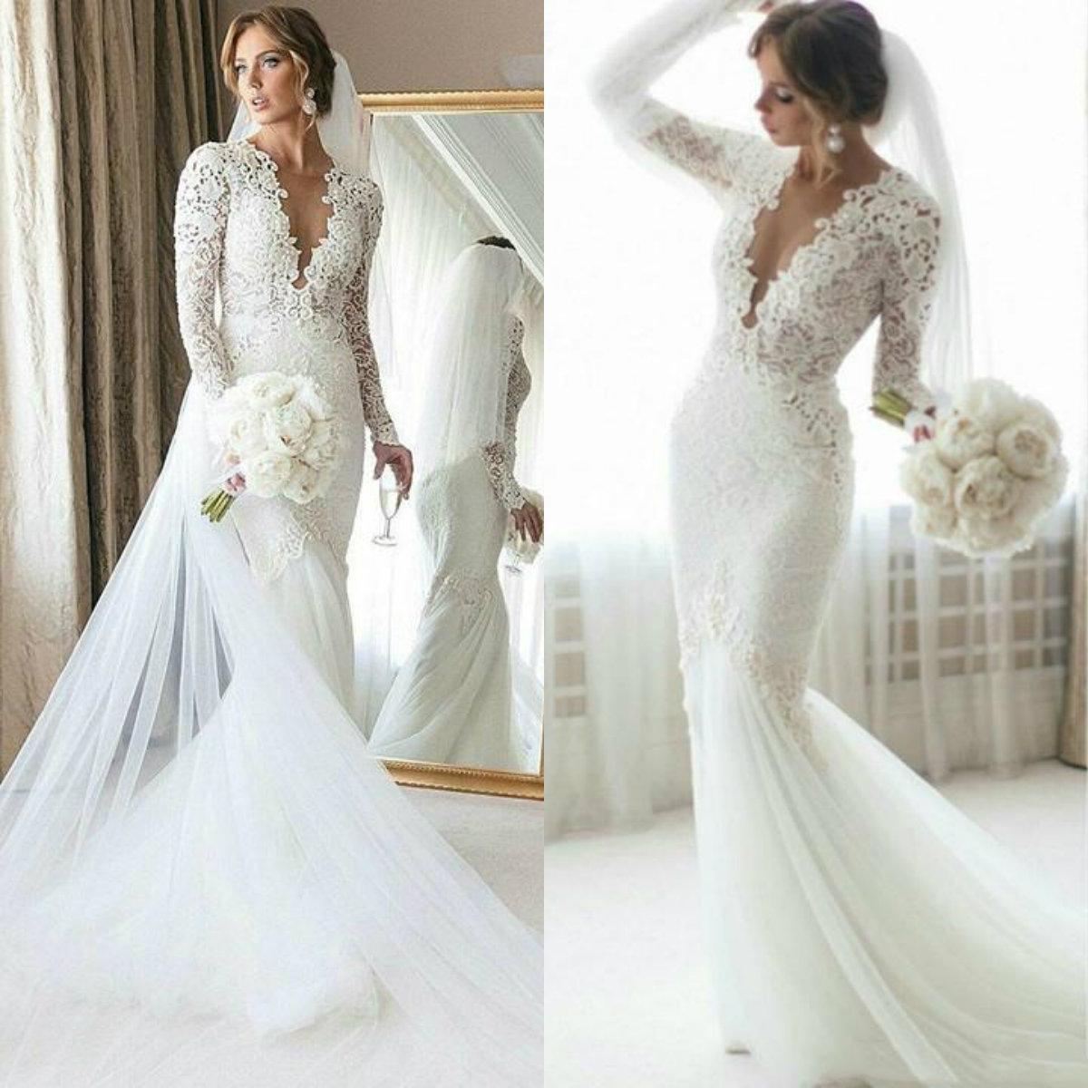 2022 Graceful Lace Long Sleeve Mermaid Wedding Dresses for Bride Deep v-Neck Ivory Tulle Bridal Wedding Gowns Custom Made robes de mariée