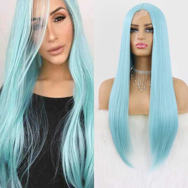 Synthetic Wigs Light Blue Lace Front Long Straight Hair 22 Inch For Fahison Women With Natural Hairline