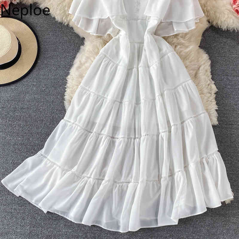 Neploe Sweet Dresses Summer Ladies Vestidos V Neck Hollow Out Ruffles Maxi Robe Elegant High-waist A-line Chiffon Dress 210422