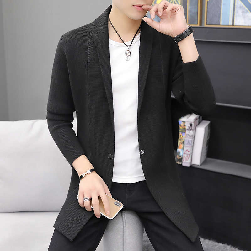 Mens Autumn And Winter Sweaters Men's X-long Knitted Sweaters Jackets Men Long Style Cardigan Solid Color Sweatercoat 210818