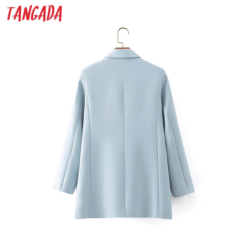 Women Blue Blazer Coat Vintage Notched Collar Pocket Fashion Female Casual Chic Tops DA09 210416