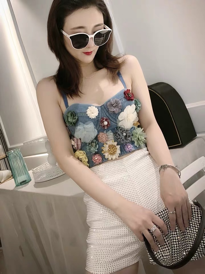 Applique Floral Corselets Women's Bachelorette Bustier Denim Bra Cropped Top Wedding Bralette Vest Plus Size ropa mujer 210421