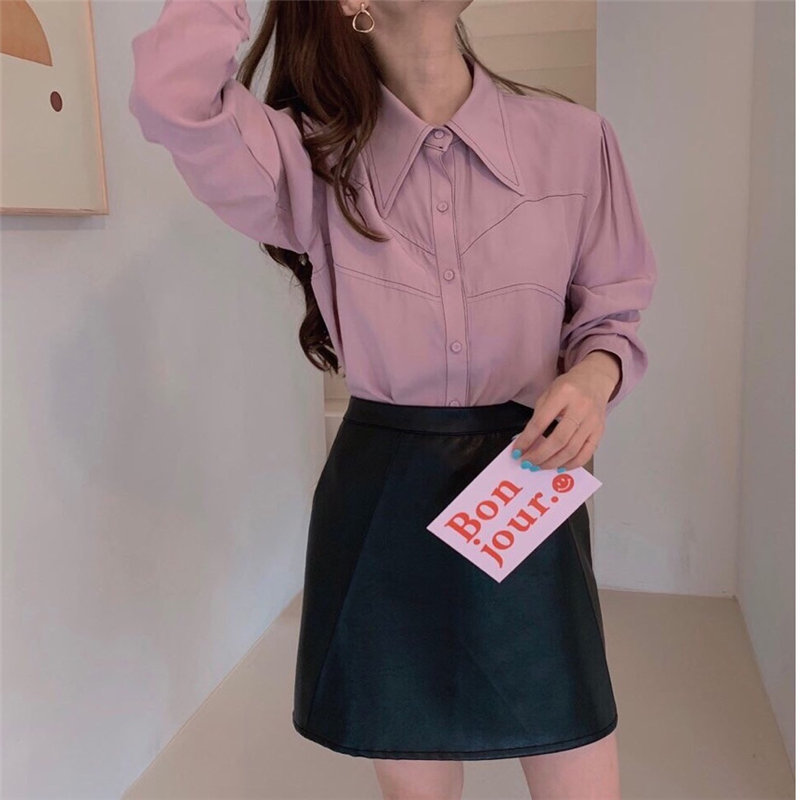Color-Hit Girls Vintage High Street Elegance OL All-Match Casual Basic Full Sleeves Chic Loose Slim Women Shirts 210421
