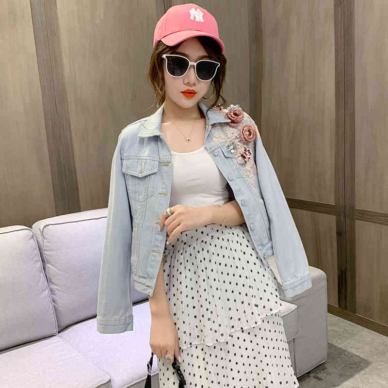 Autumn Women Streetwear Short Jeans Jackets 3D Flower Stereoscopic Appliques Beading Embroidery Denim Coat Casual Girl 210518