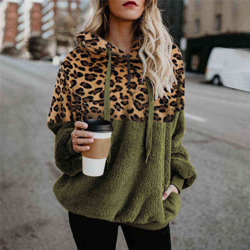 Casual Loose Plush Leopard Patchwork Hoodies Women Zipper Tops Long Sleeve Drawstring Hooded Warm Sweatshirt With Pockets Autumn 211109