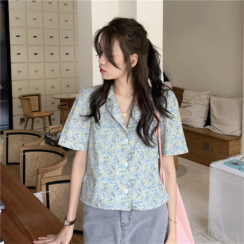 Summer Printed Florals Thin Femme Vintage Prom Retro Girls Short Sleeves Notched All Match Office Lady Shirts 210421