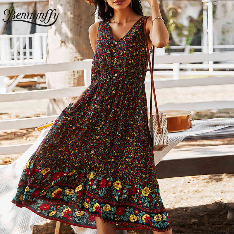 V-neck Button Woman Bohemian Dresses Summer Vacation Casual Pocket Sleeveless Print Swing Long Dress Women Clothing 210510