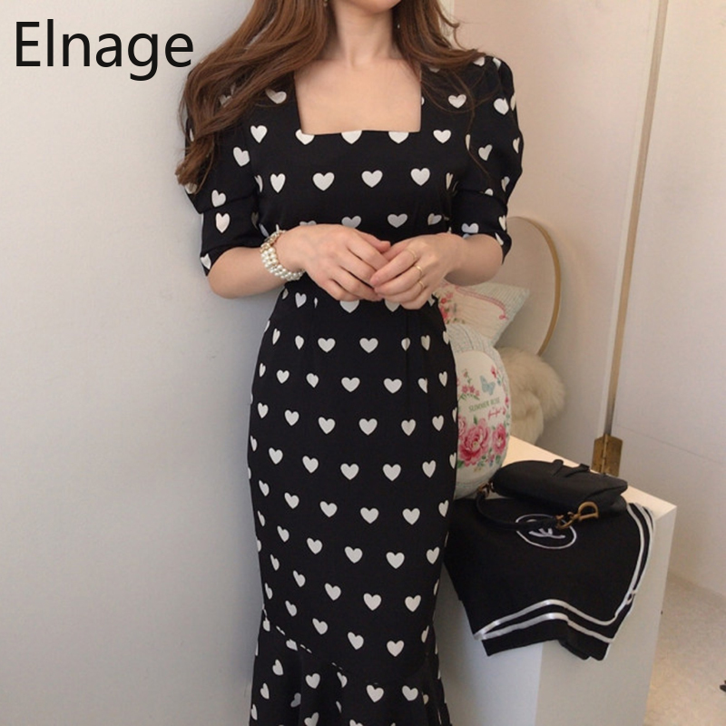 Spring Summer Chic Women Dress Half Sleeve High Waist Heart Print Female Casual Square Collar Office Lady 5B050 210429