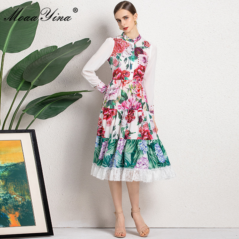 Fashion Runway Summer Dress Women Long sleeve Single-breasted Flower Print Lace Splicing Elegant Party Midi 210524