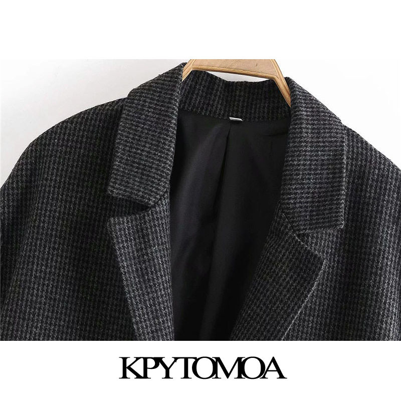 Women Fashion Single Button Loose Check Woolen Coat Vintage Long Sleeve Back Vents Female Outerwear Chic Overcoat 210416