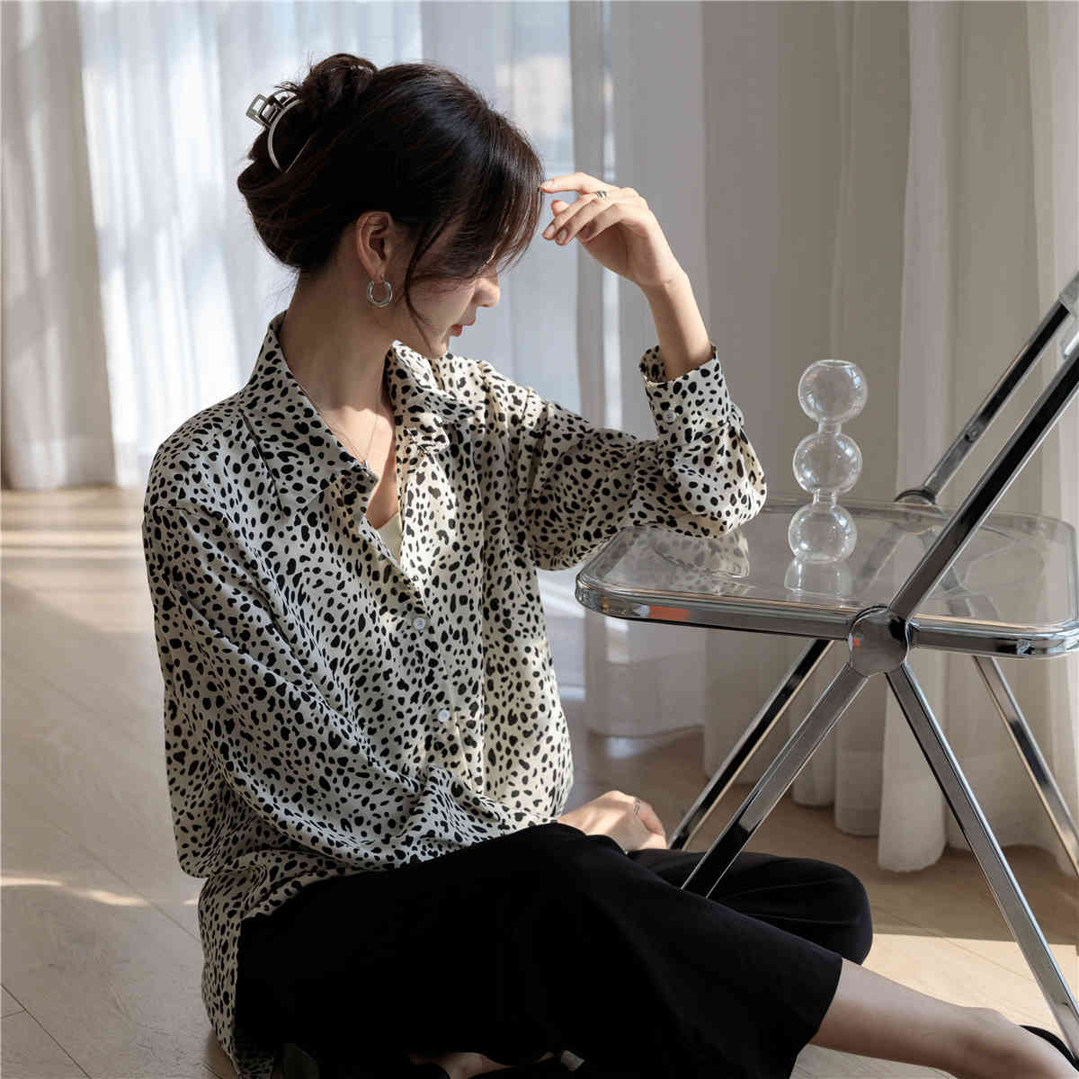 Vintage Blouse Women Lady Long Sleeves Female Shirts Leopard Print Shirt Loose Sleeve Blusa Chiffon Top 929J 210420