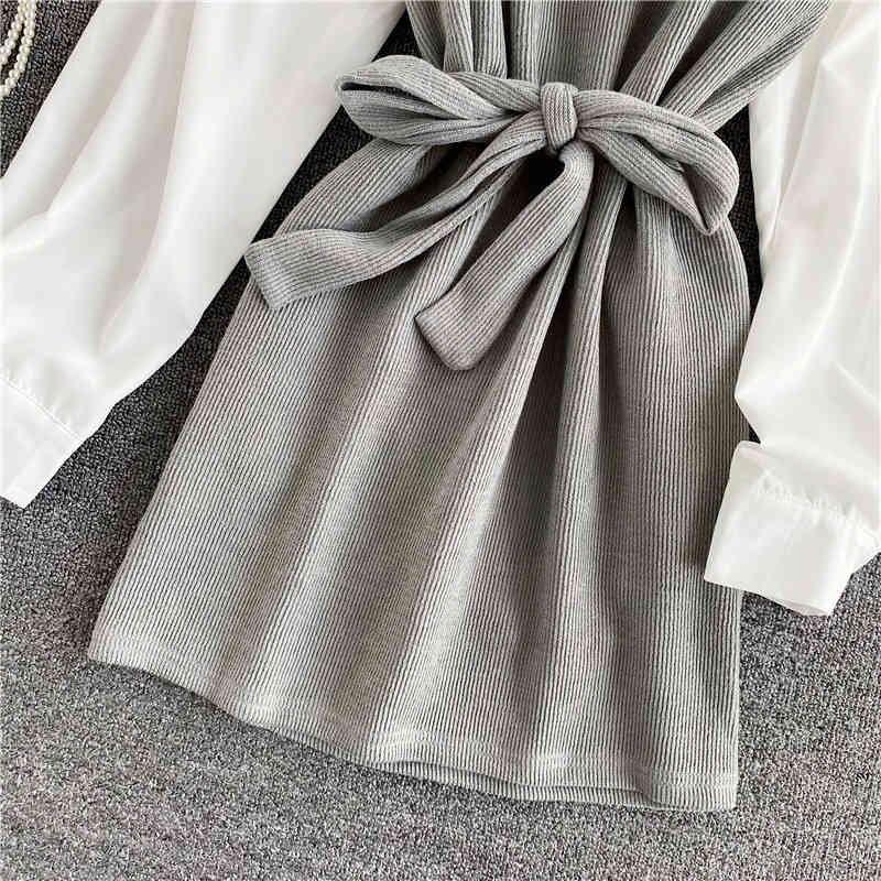 Nomikuma Spring Korean Women Blouse 2pieces Sets Long Sleeve Blusas Shirt + Bow Bandage Slim Waist Vest Elegant Suits 6D876 210427