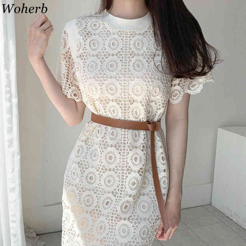 Women Lace Floral Crochet Dress Vestidos Summer Elegant Belt Robe Vintage Dresses Ladies Office Work Long Korean 210519