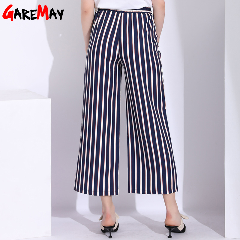 Wide Leg Pants Women Summer Chiffon Colorful Blue Striped Female Loose Trousers With Stripes Pantalon Large Femme 210428