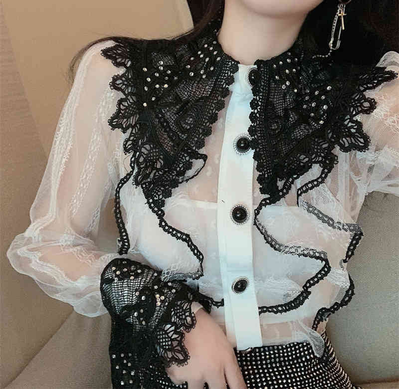 arrival Spring Two-Piece Set Women Sweet Sexy Perspective Long Sleeve Ruffles Shirt And Bodycon Mini Skirt Outfit 210519
