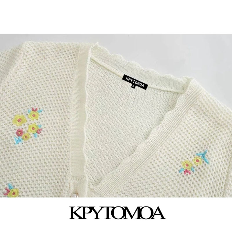 Women Fashion Floral Embroidery Cropped Cardigan Sweater Long Sleeve Button-up Female Outerwear Chic Tops 210420