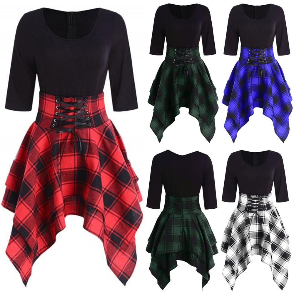 Gothic Plaid Mini Dress Women Preppy Sexy High Waist Asymmetric Casual Female Elegant Goth Punk Short Party Dresses Vestidos 210409