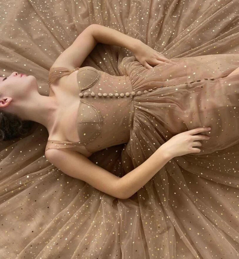 Shiny Brown A Line Starry Tulle Prom Dresses Spaghetti Straps Ankle Length Backless Girl Homecoming Party Dress Evening Graduation Gowns