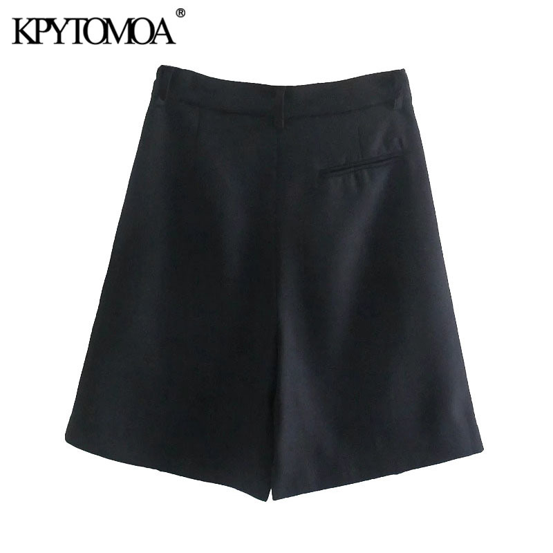 Women Chic Fashion Side Pockets Pleated Bermuda Shorts High Waist Zipper Fly Female Short Pants Mujer 210420